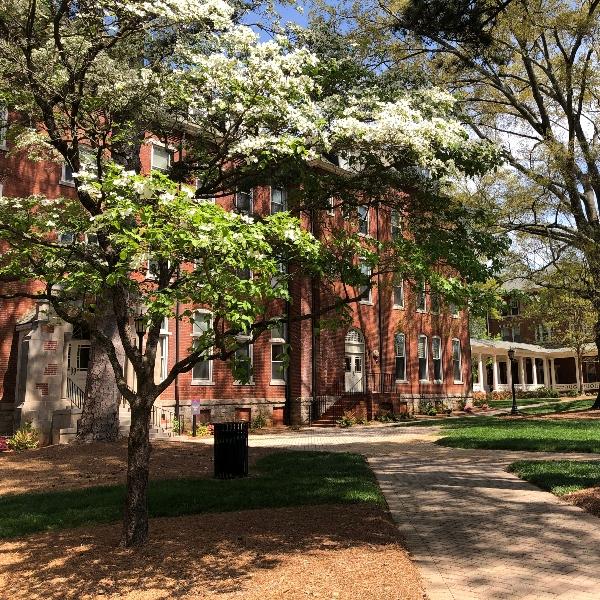 White flowers sit in the forefront with Agnes Scott "Main" Hall behind the plants